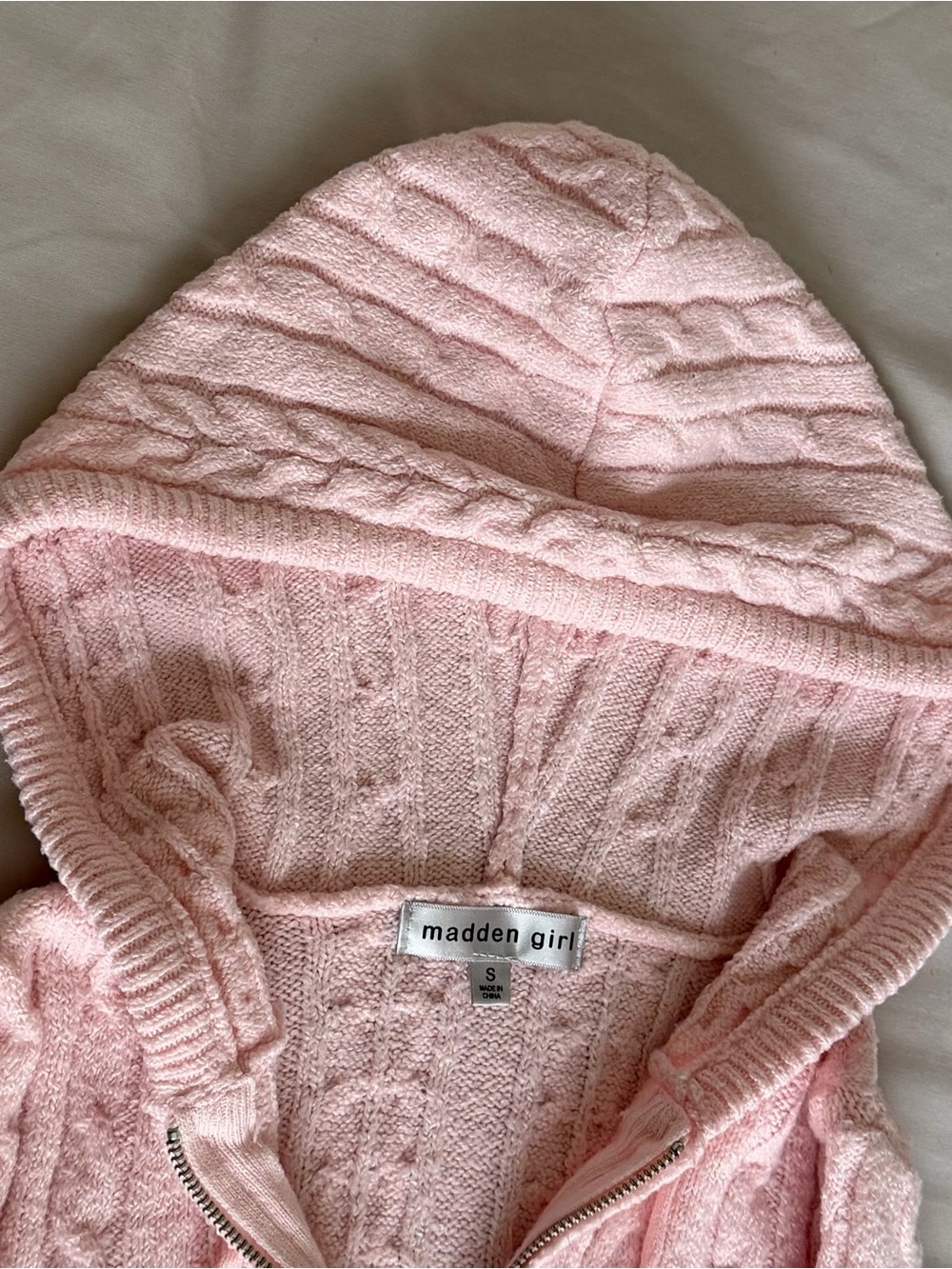 Madden Girl Pink Cable Knit Hooded Sweater - Picture 2 of 3